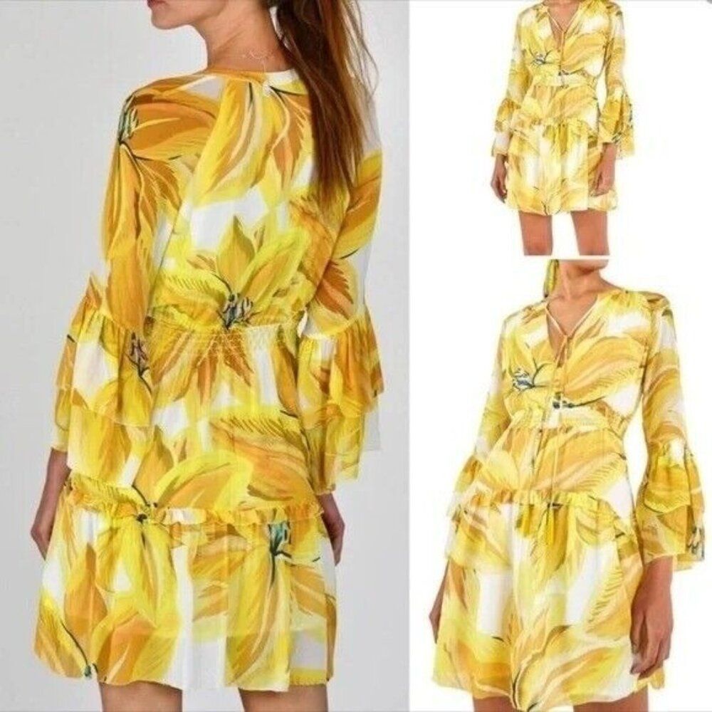 FARM RIO Azalea Yellow White Mink Mini Dress Sz XS Bell Sleeve Vacation Boho